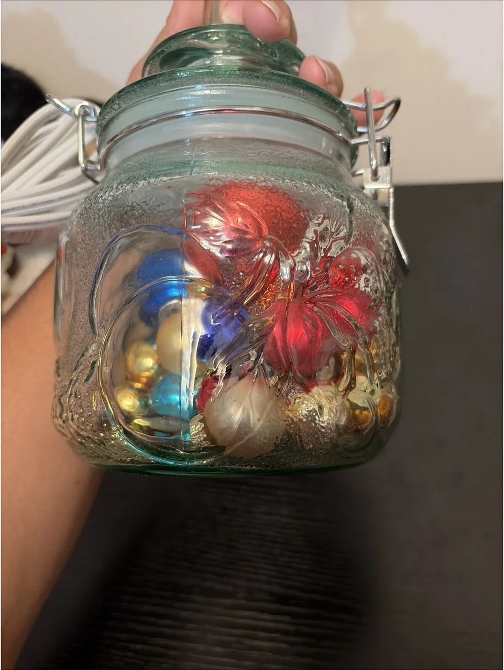 Aqua Clear Jar With Latch Filled With Christmas Bulbs Lamp Works